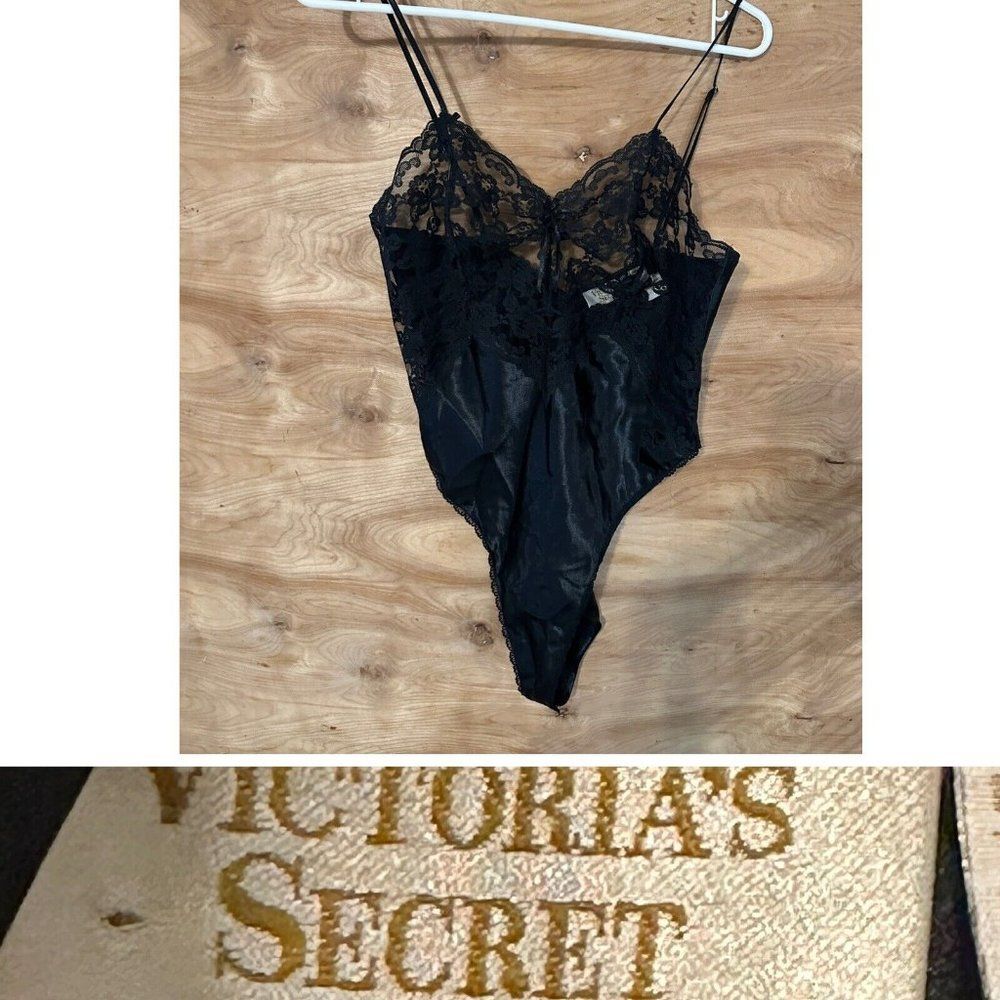 Victoria's Secret Vintage Gold Label Black Satin Lace Sheer Teddy Sz Medium
